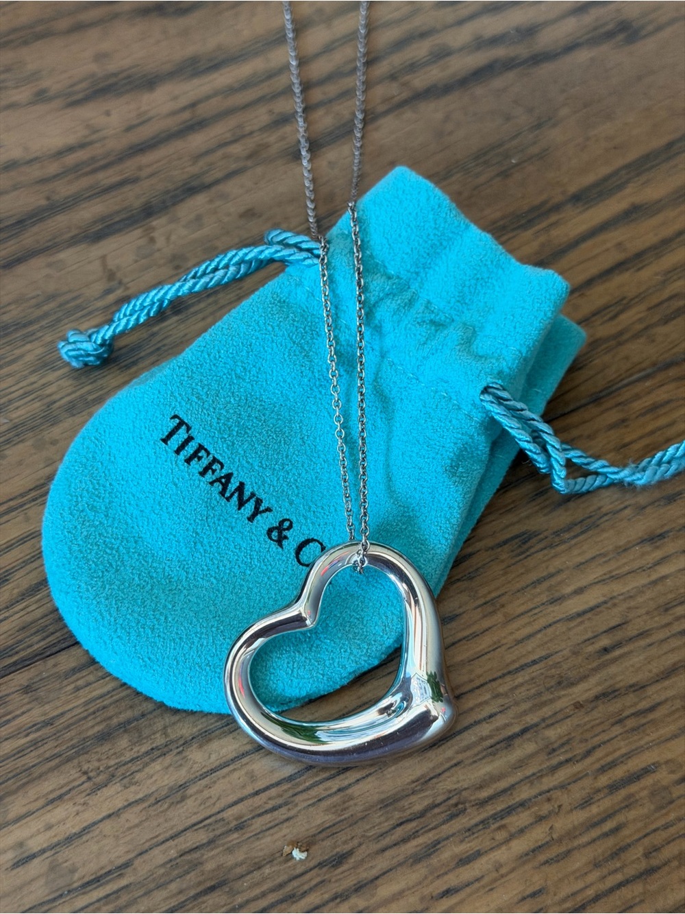 Tiffany & Co. Elsa Peretti Open Heart Necklace in Silver with Blue Pouch